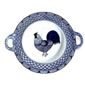 NWT Seymour Mann Blue Rooster Basket Hand Painted Ceramic Serving Plate Platter